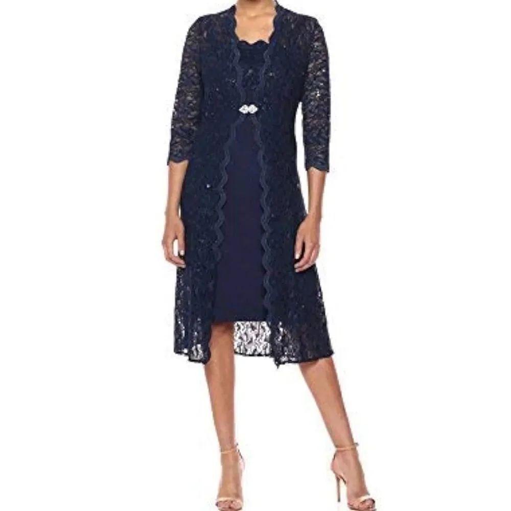 Alex Evenings Womens Blue Long Lace Jacket with Lace Dres Size 12